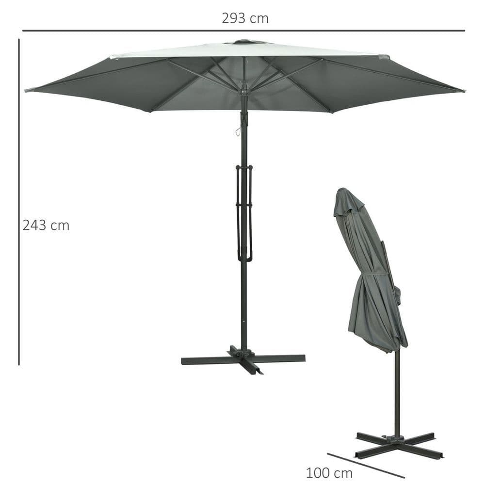 image-Outsunny 3m Cantilever Parasol with Easy Lever Crank Handle 6 Metal Ribs Grey