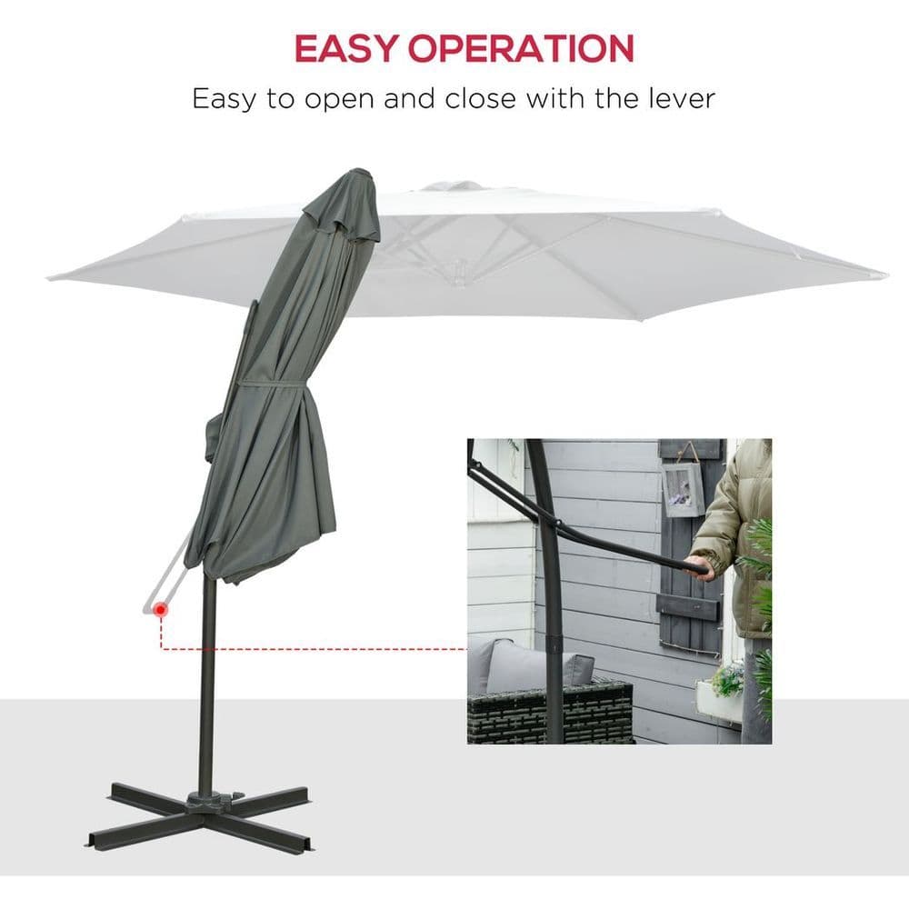 image-Outsunny 3m Cantilever Parasol with Easy Lever Crank Handle 6 Metal Ribs Grey