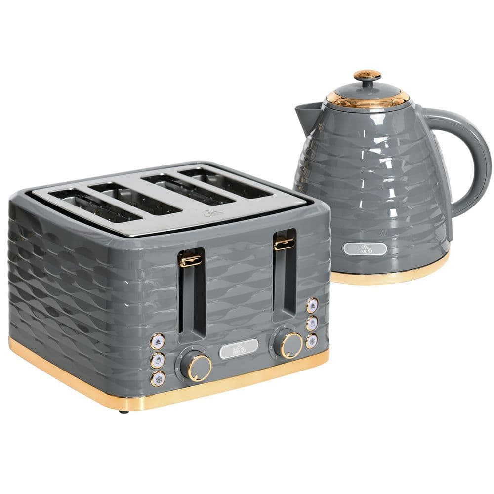 image-HOMCOM Kettle and Toaster Set 1.7L Rapid Boil Kettle & 4 Slice Toaster Grey