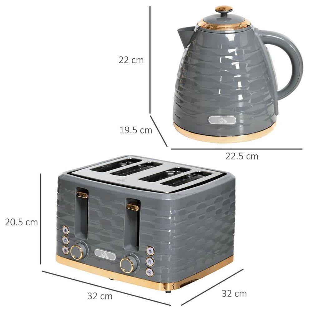 image-HOMCOM Kettle and Toaster Set 1.7L Rapid Boil Kettle & 4 Slice Toaster Grey