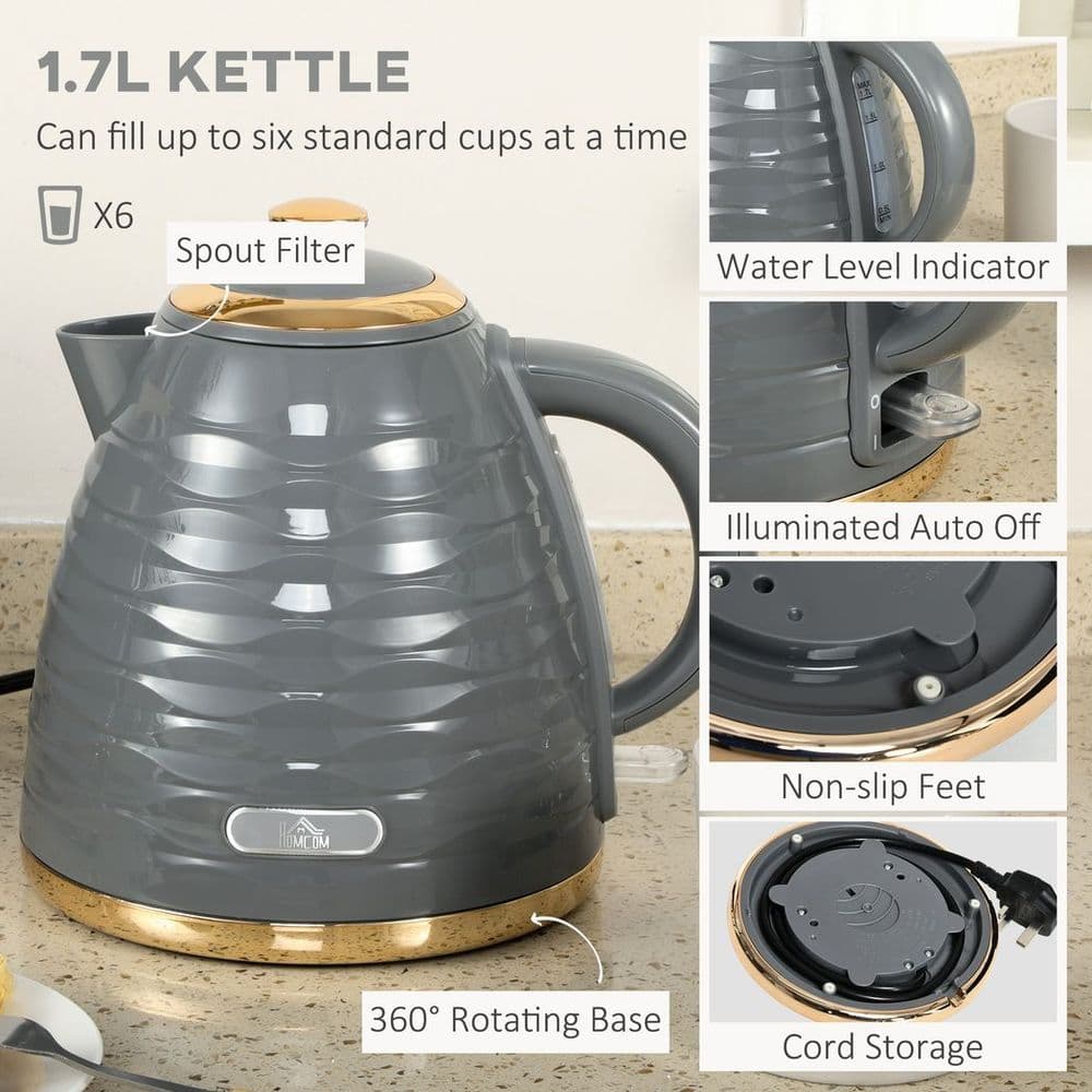 image-HOMCOM Kettle and Toaster Set 1.7L Rapid Boil Kettle & 4 Slice Toaster Grey