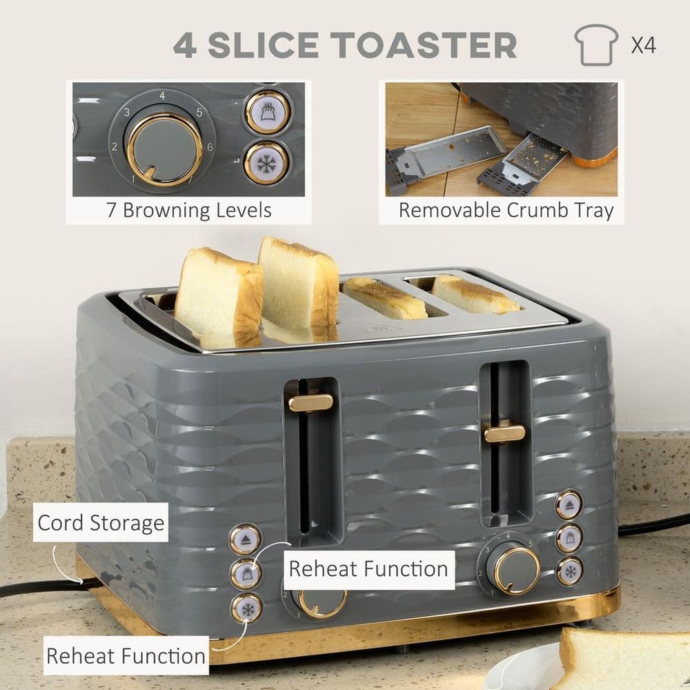image-HOMCOM Kettle and Toaster Set 1.7L Rapid Boil Kettle & 4 Slice Toaster Grey