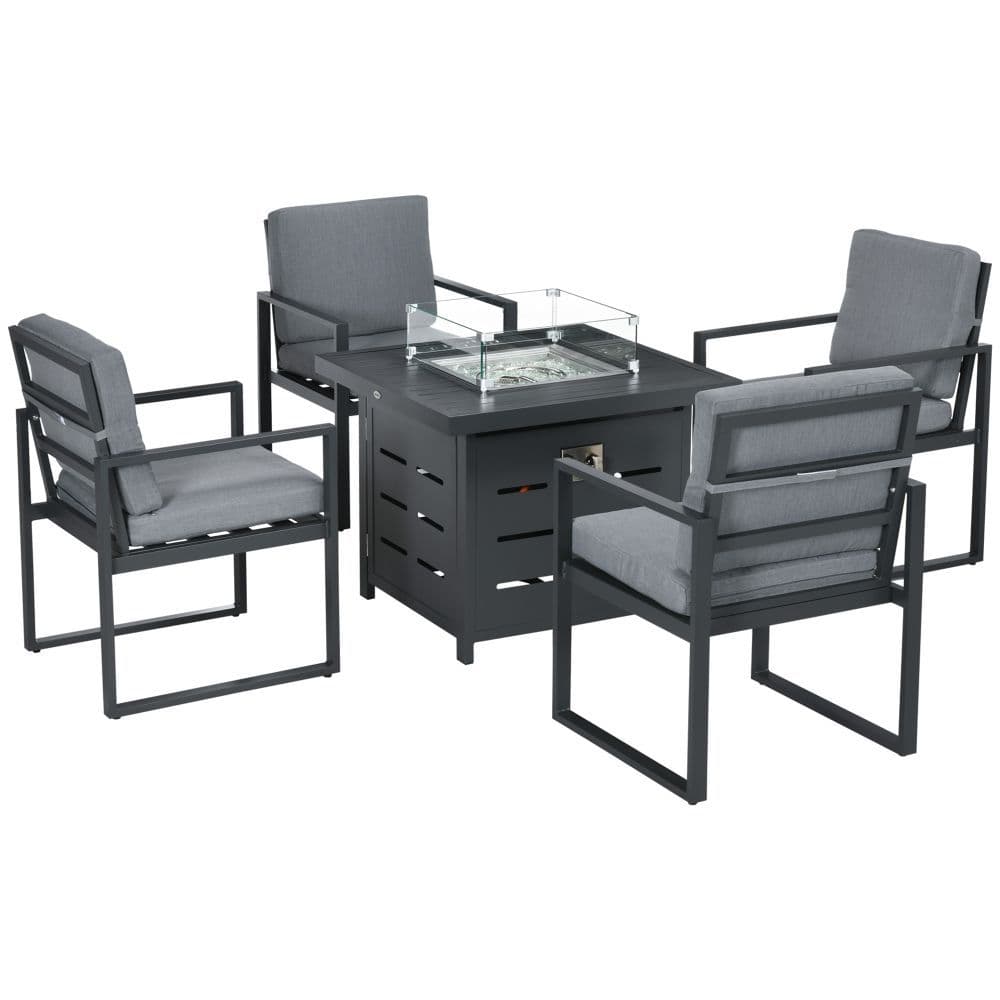 image-4 Seater Aluminium Garden Furniture Set with Gas Firepit Table, Grey