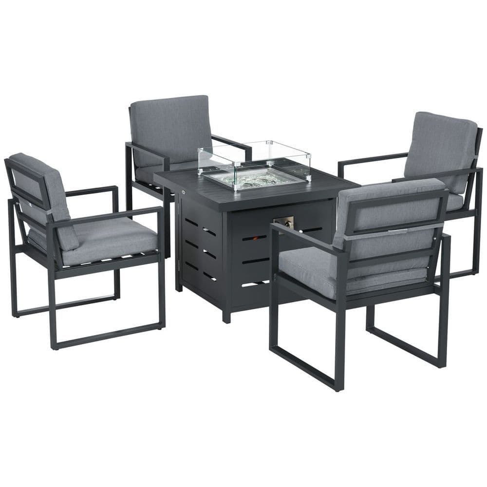 image-4 Seater Aluminium Garden Furniture Set with Gas Firepit Table, Grey