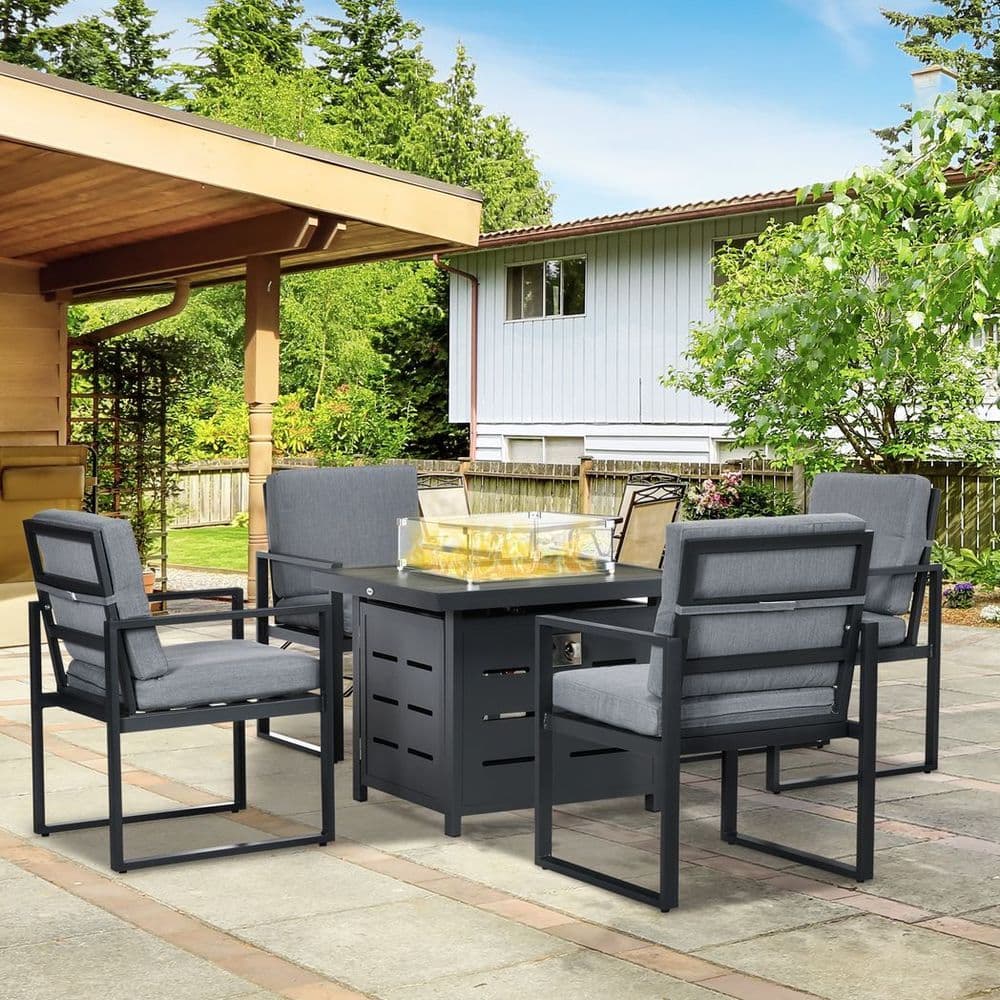 image-4 Seater Aluminium Garden Furniture Set with Gas Firepit Table, Grey