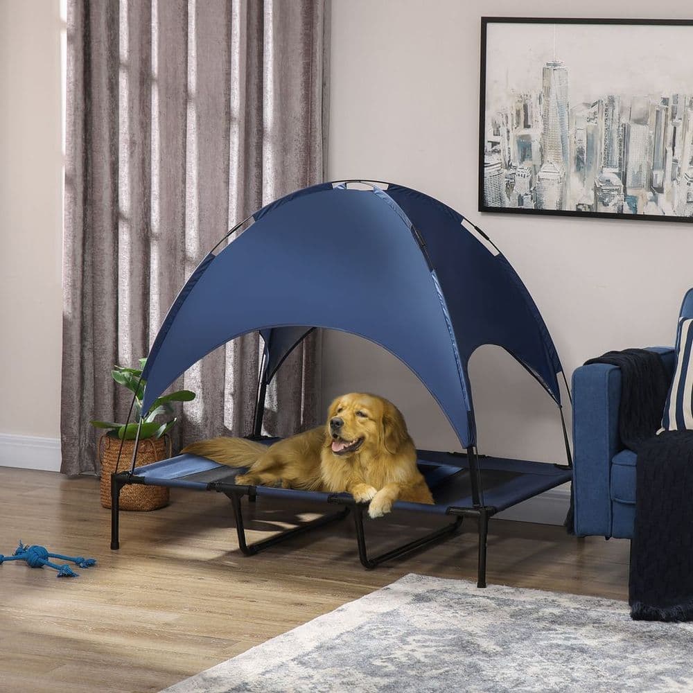 image-PawHut 122cm Elevated Dog Bed Cooling Raised Pet Cot UV Protection Canopy Blue