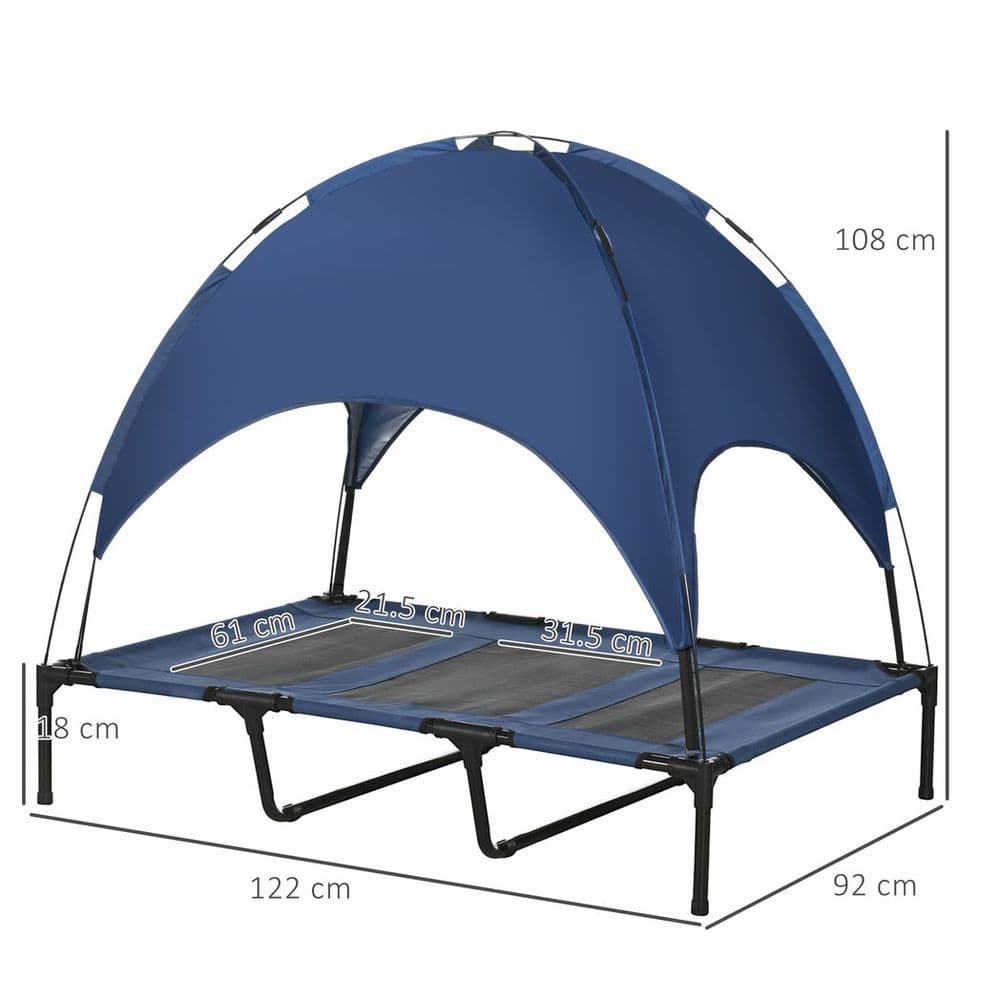 image-PawHut 122cm Elevated Dog Bed Cooling Raised Pet Cot UV Protection Canopy Blue