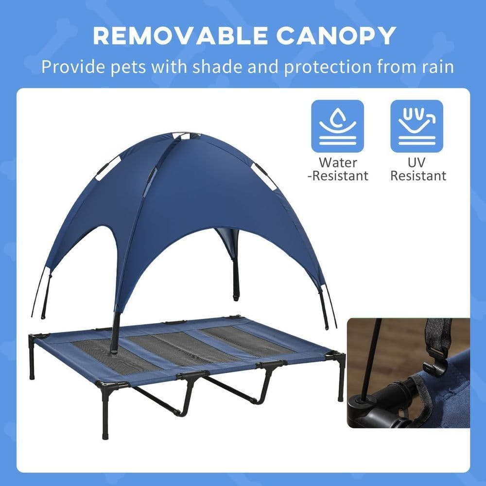 image-PawHut 122cm Elevated Dog Bed Cooling Raised Pet Cot UV Protection Canopy Blue