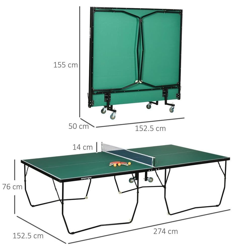 image-SPORTNOW 9FT Folding Table Tennis Table w/ 8 Wheels, for Indoors, Outdoors