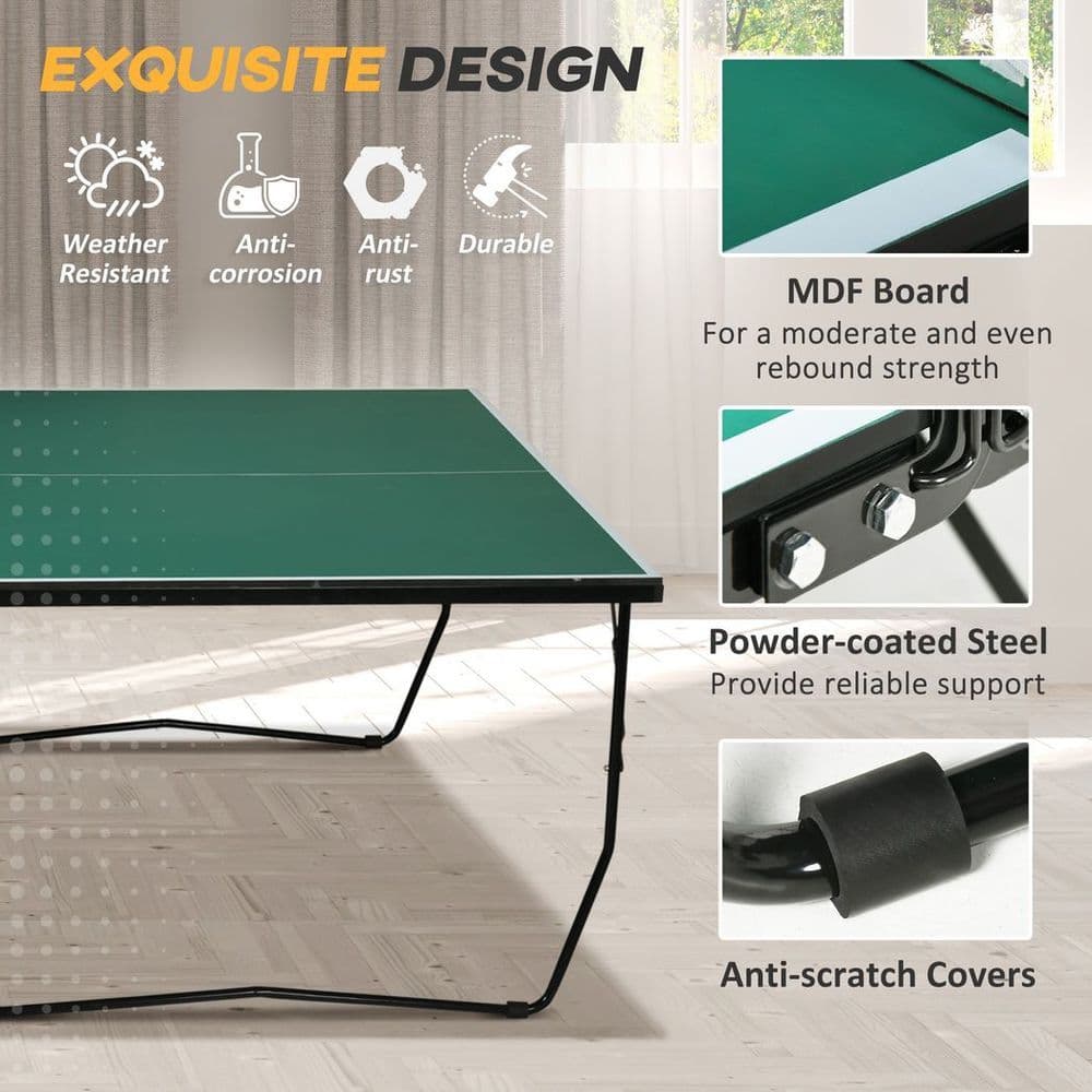image-SPORTNOW 9FT Folding Table Tennis Table w/ 8 Wheels, for Indoors, Outdoors