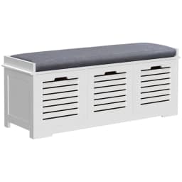 image-HOMCOM 3-Door Shoe Storage Bench Cushion Seat Slatted Doors Elevated Base White