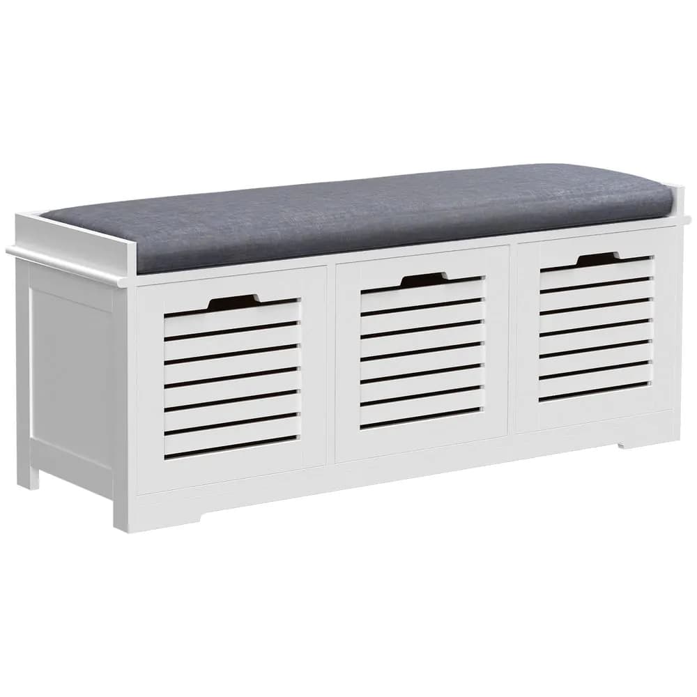 image-HOMCOM 3-Door Shoe Storage Bench Cushion Seat Slatted Doors Elevated Base White