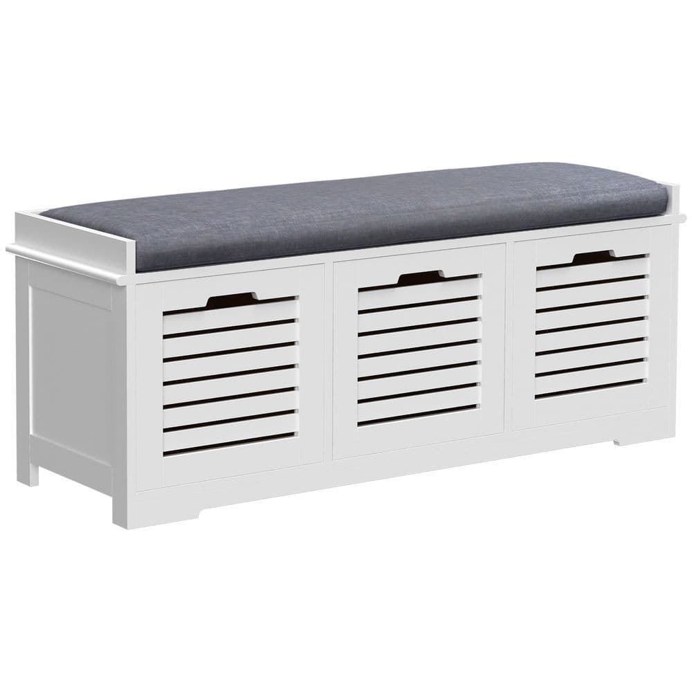image-HOMCOM 3-Door Shoe Storage Bench Cushion Seat Slatted Doors Elevated Base White