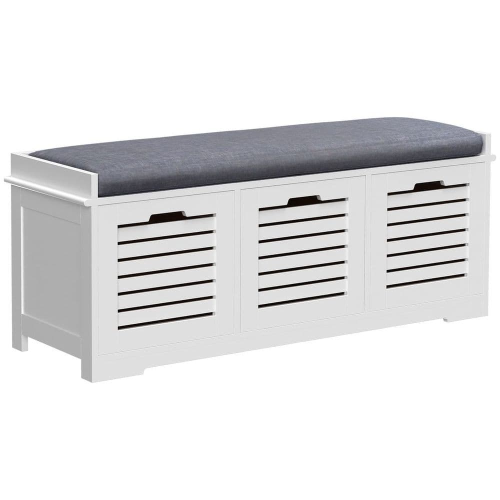image-HOMCOM 3-Door Shoe Storage Bench Cushion Seat Slatted Doors Elevated Base White