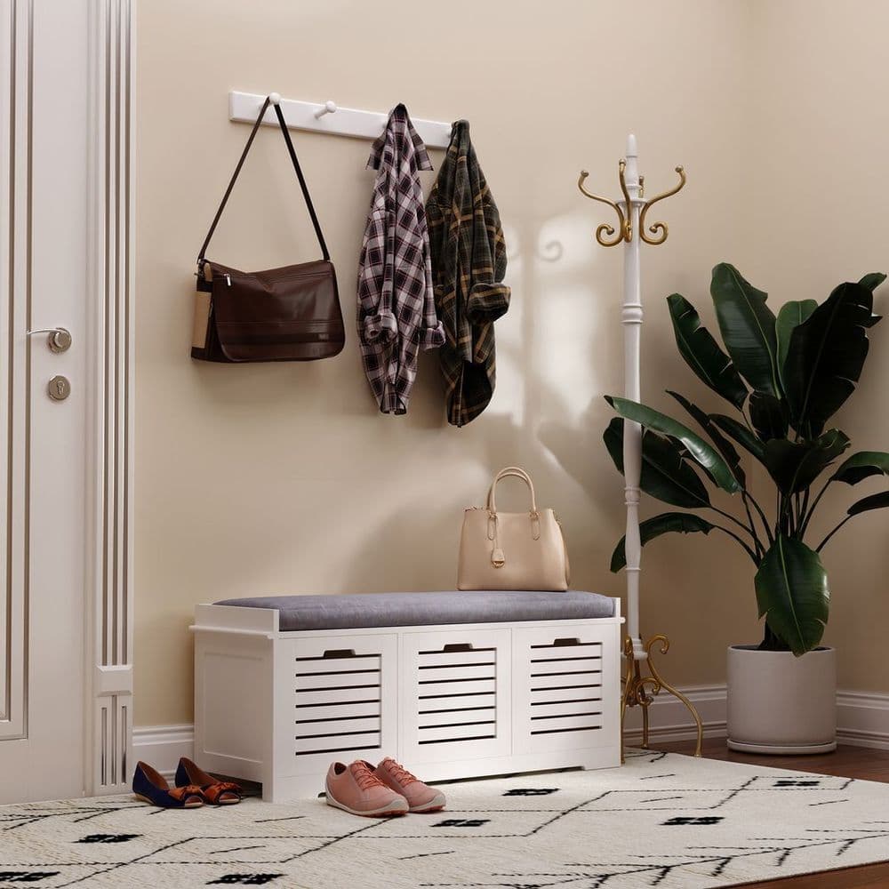 image-HOMCOM 3-Door Shoe Storage Bench Cushion Seat Slatted Doors Elevated Base White