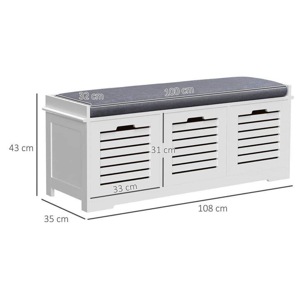 image-HOMCOM 3-Door Shoe Storage Bench Cushion Seat Slatted Doors Elevated Base White
