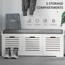 image-HOMCOM 3-Door Shoe Storage Bench Cushion Seat Slatted Doors Elevated Base White