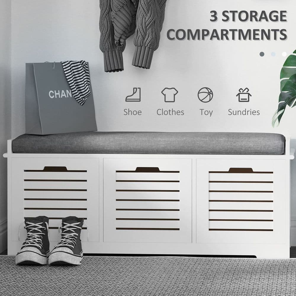 image-HOMCOM 3-Door Shoe Storage Bench Cushion Seat Slatted Doors Elevated Base White