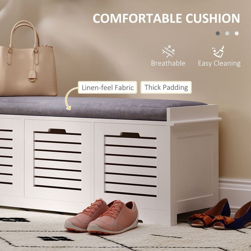 image-HOMCOM 3-Door Shoe Storage Bench Cushion Seat Slatted Doors Elevated Base White