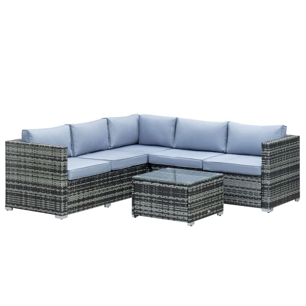image-Outsunny 4 Pieces Rattan Furniture Sofa Set Chair w/ Corner Sofa Loveseat Grey