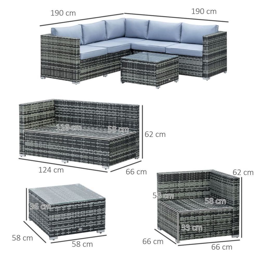 image-Outsunny 4 Pieces Rattan Furniture Sofa Set Chair w/ Corner Sofa Loveseat Grey