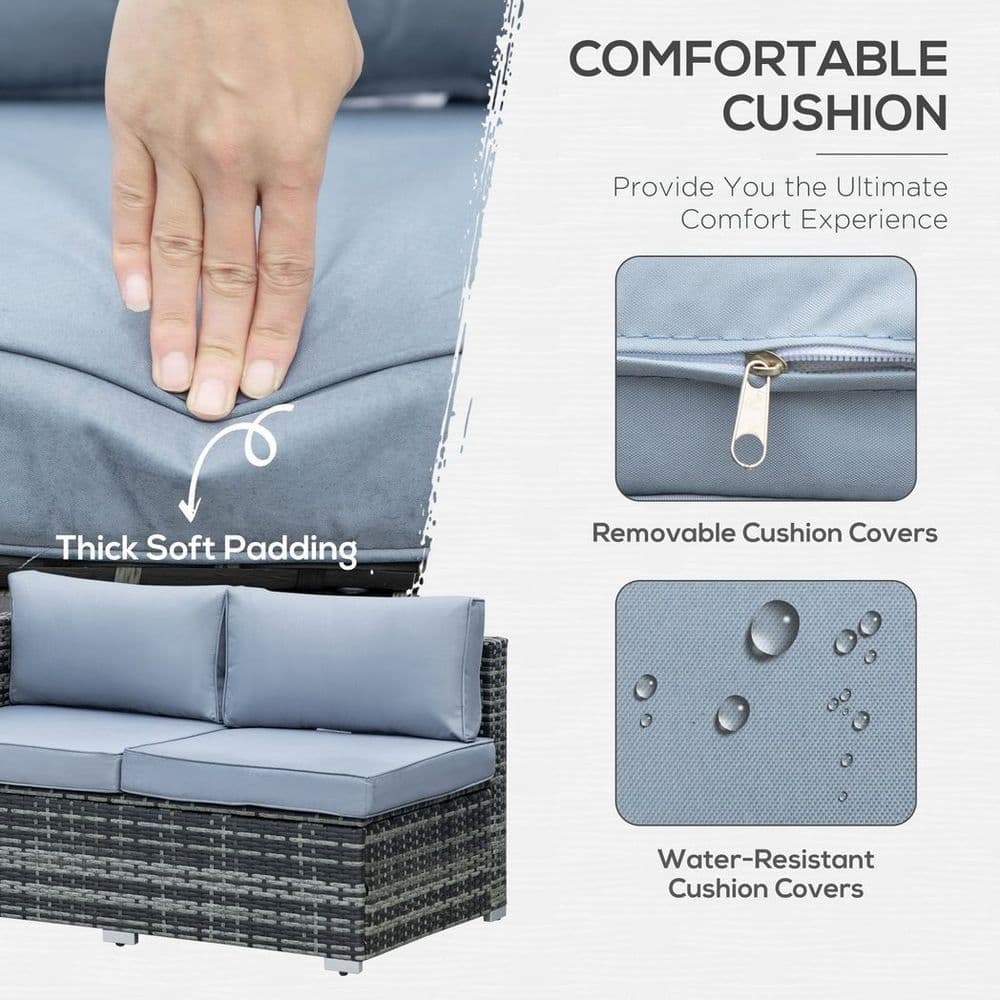 image-Outsunny 4 Pieces Rattan Furniture Sofa Set Chair w/ Corner Sofa Loveseat Grey