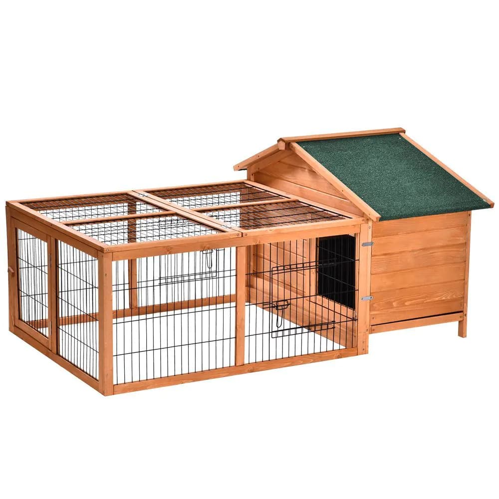 image-Wooden Rabbit Hutch Detachable Pet House with Openable Run & Roof