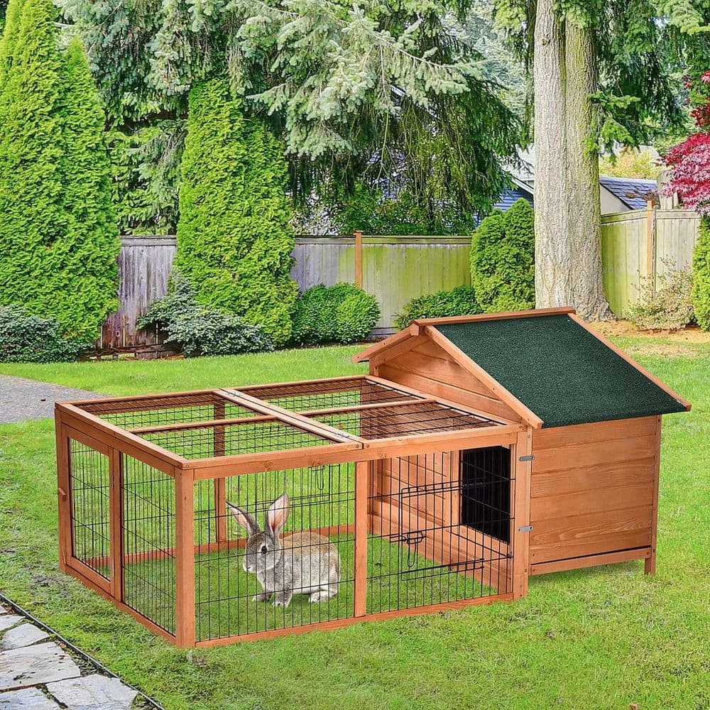 image-Wooden Rabbit Hutch Detachable Pet House with Openable Run & Roof