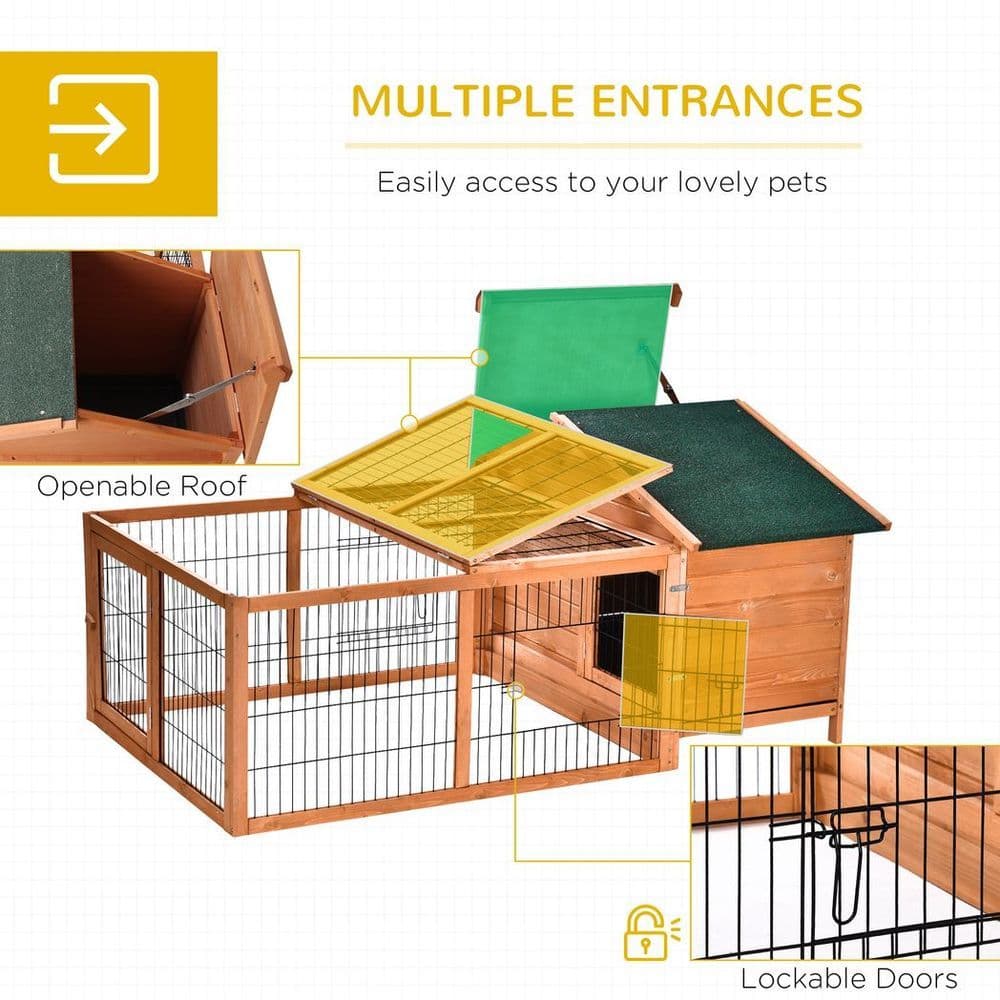 image-Wooden Rabbit Hutch Detachable Pet House with Openable Run & Roof