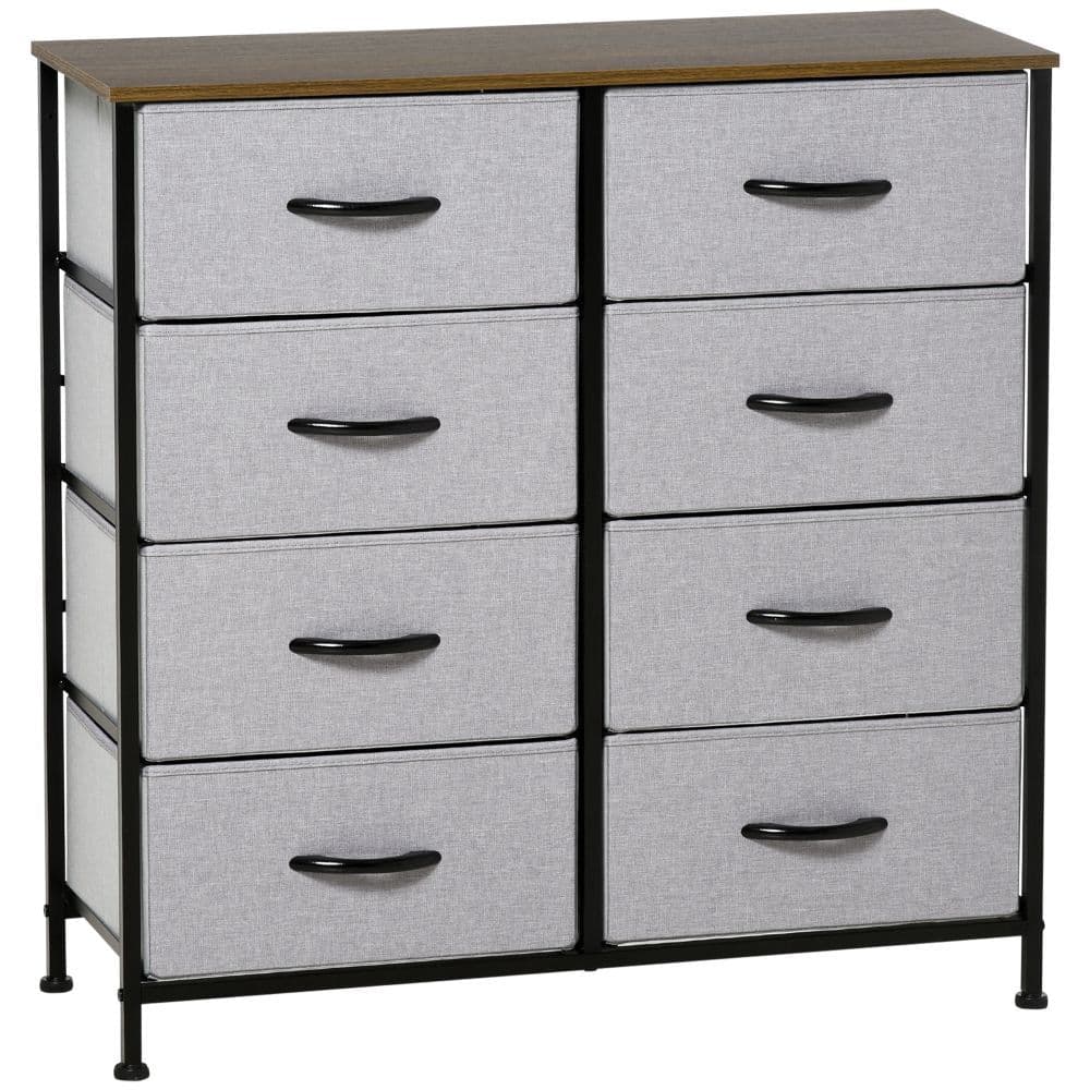 image-HOMCOM 8 Drawer Fabric Chest of Drawers w/ Wooden Top for Closet Hallway Grey