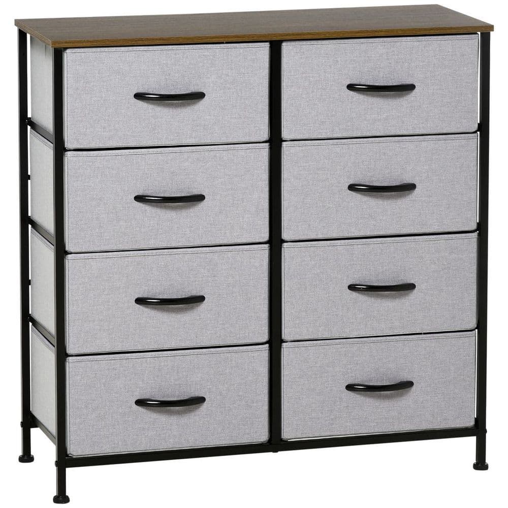 image-HOMCOM 8 Drawer Fabric Chest of Drawers w/ Wooden Top for Closet Hallway Grey