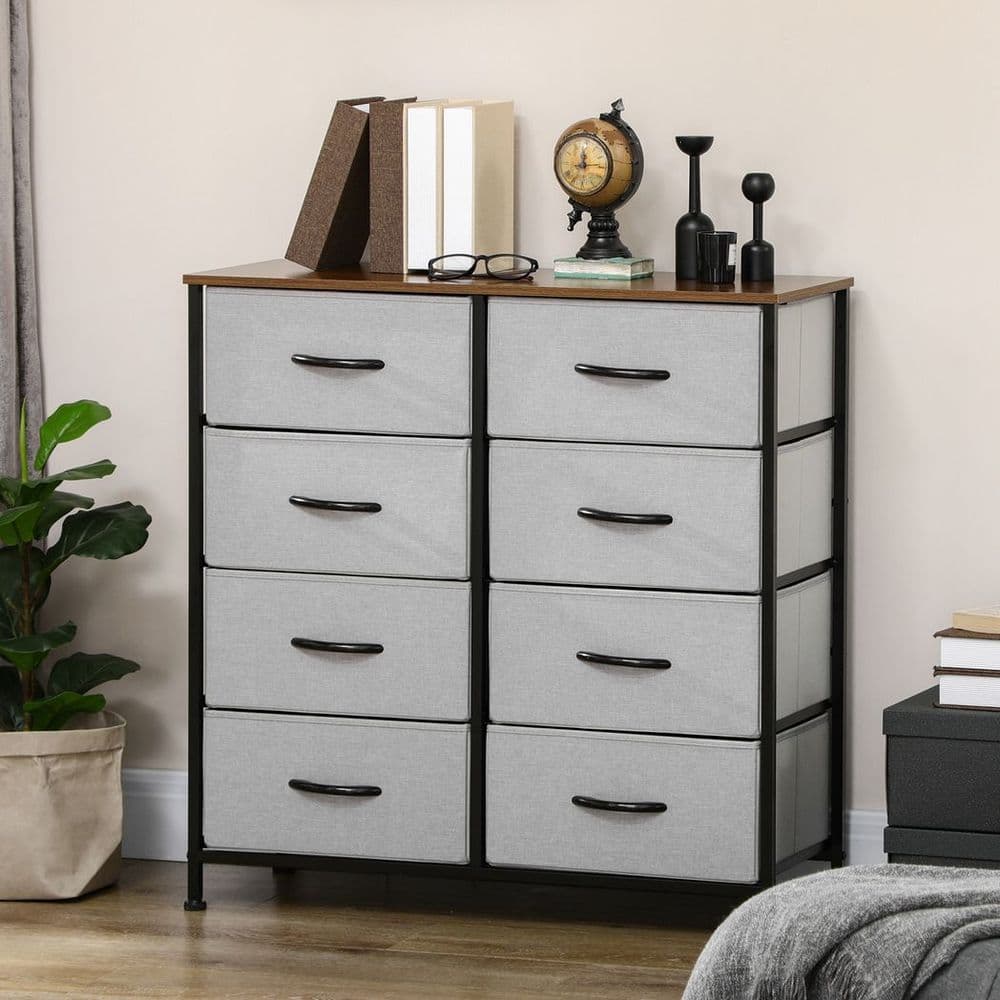 image-HOMCOM 8 Drawer Fabric Chest of Drawers w/ Wooden Top for Closet Hallway Grey