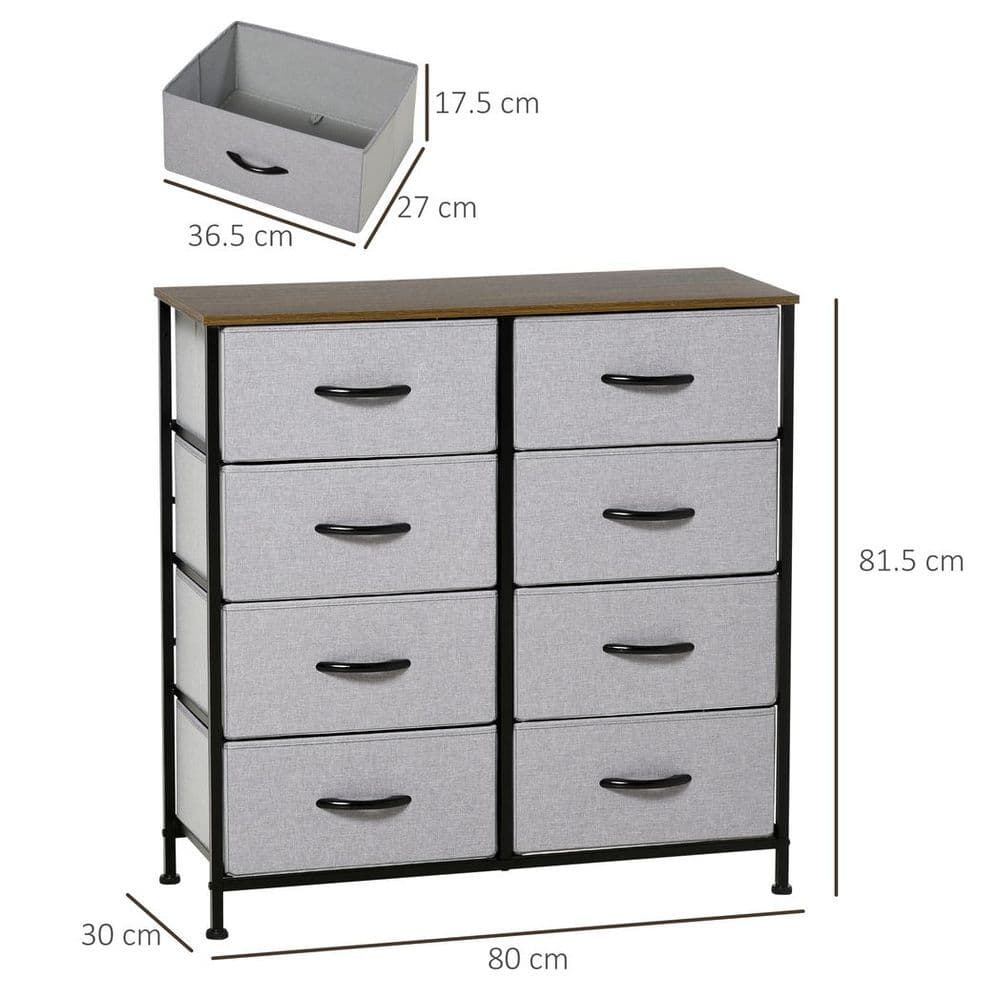 image-HOMCOM 8 Drawer Fabric Chest of Drawers w/ Wooden Top for Closet Hallway Grey