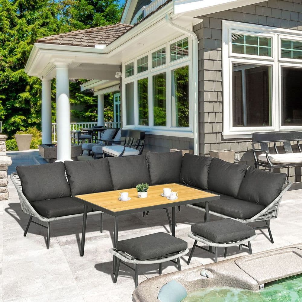 image-Outsunny 5 Piece Rattan Garden Furniture Set with Sofa, Coffee Table, Grey