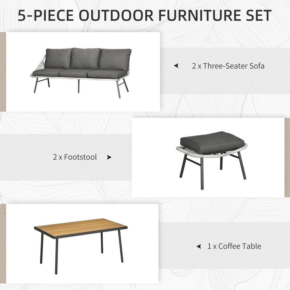 image-Outsunny 5 Piece Rattan Garden Furniture Set with Sofa, Coffee Table, Grey