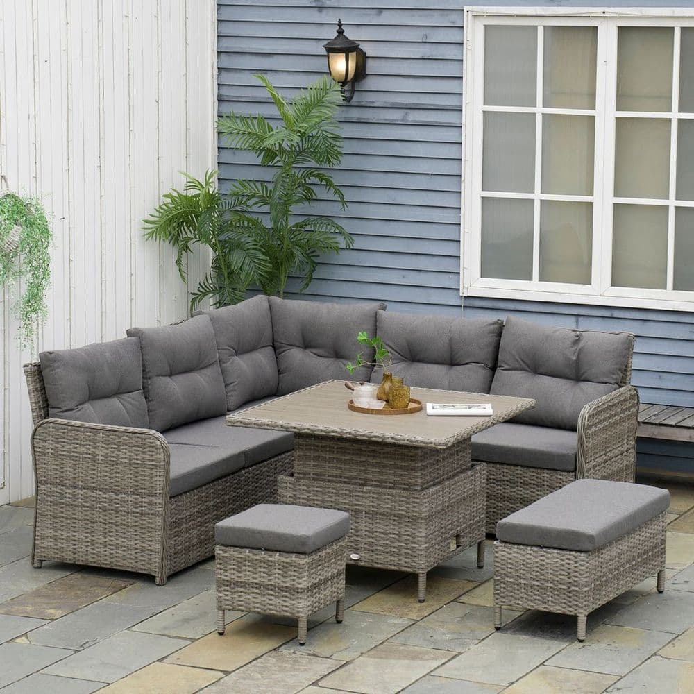 image-Outsunny 6 PCs Rattan Garden Furniture Sectional Conversation Corner Sofa