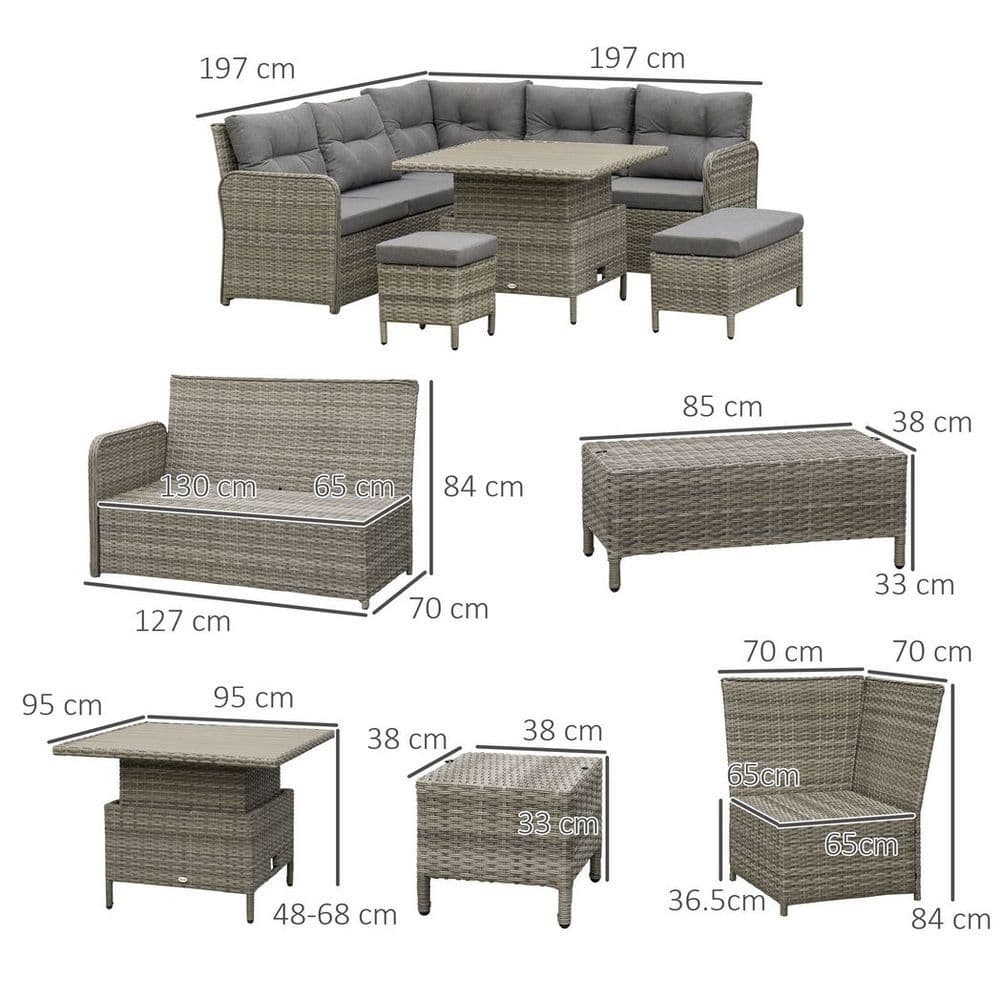 image-Outsunny 6 PCs Rattan Garden Furniture Sectional Conversation Corner Sofa