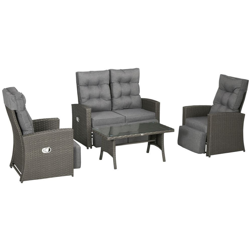 image-Outsunny 4 Piece Rattan Garden Furniture Set with Sofa, Glass Table, Grey