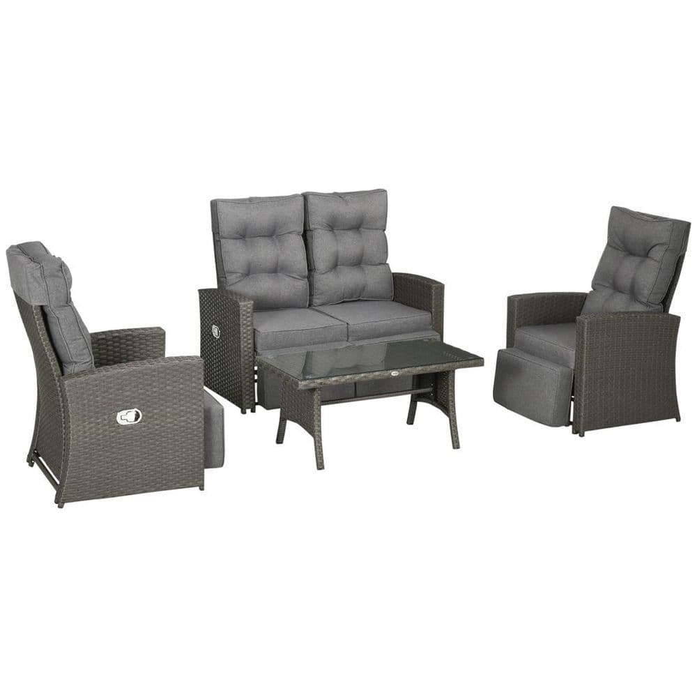 image-Outsunny 4 Piece Rattan Garden Furniture Set with Sofa, Glass Table, Grey