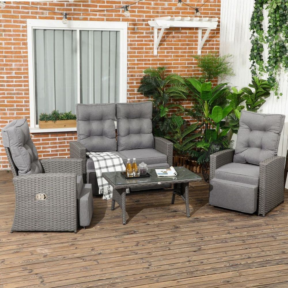 image-Outsunny 4 Piece Rattan Garden Furniture Set with Sofa, Glass Table, Grey