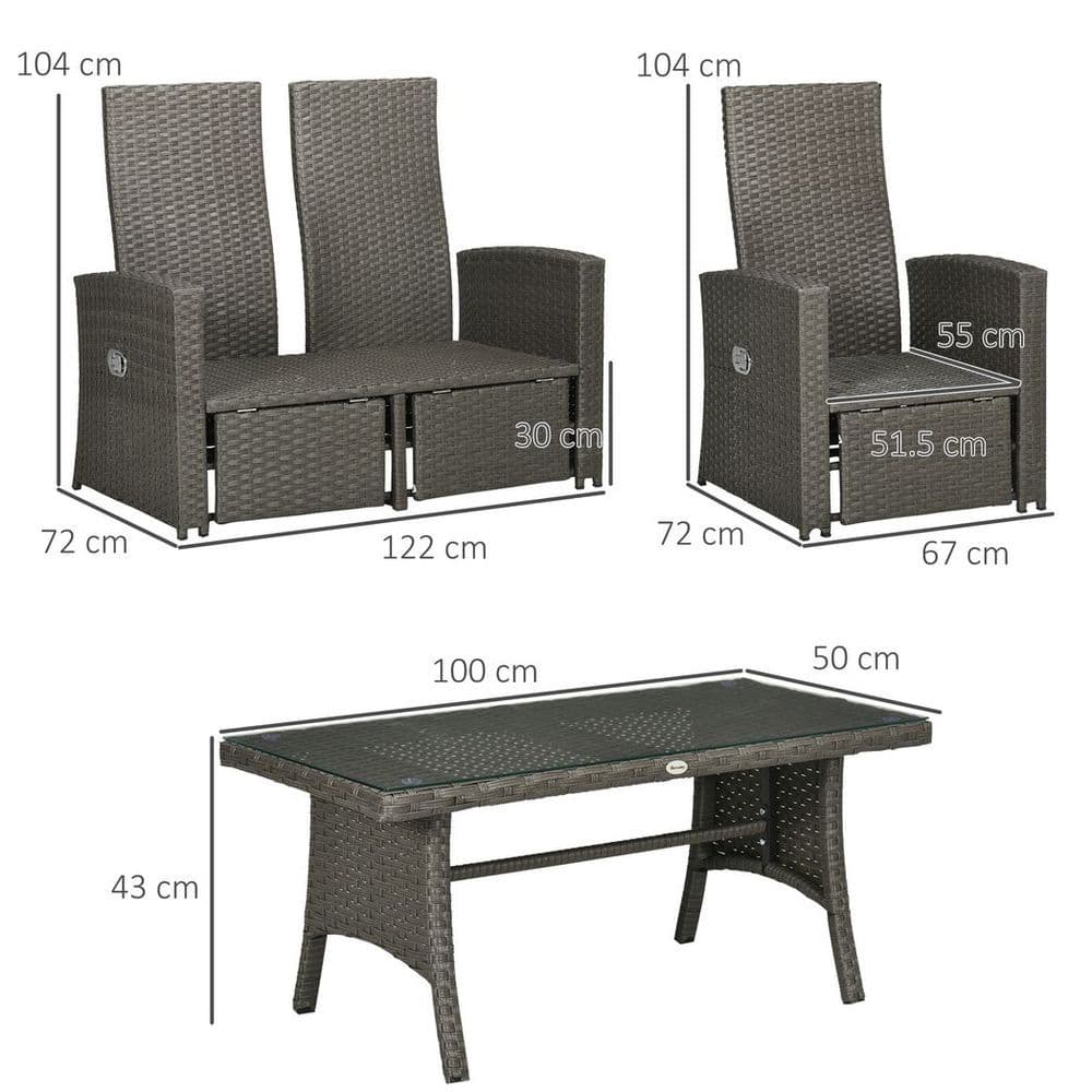 image-Outsunny 4 Piece Rattan Garden Furniture Set with Sofa, Glass Table, Grey