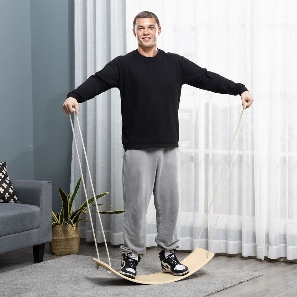 image-HOMCOM Wood Wobble Board W/ Ropes, Baby Rocker Balance Board for Kids, Adults