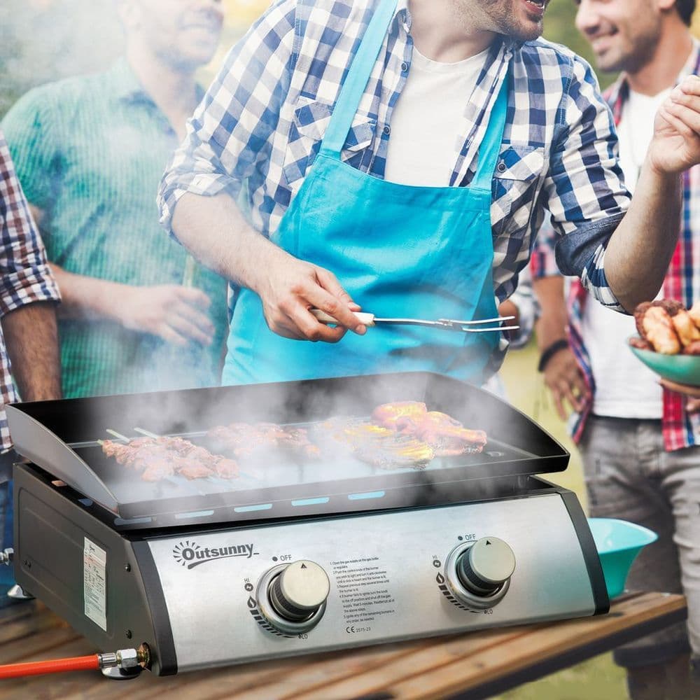 image-Outsunny Portable Gas Plancha BBQ Grill with 2 Stainless Steel Burner, 6kW
