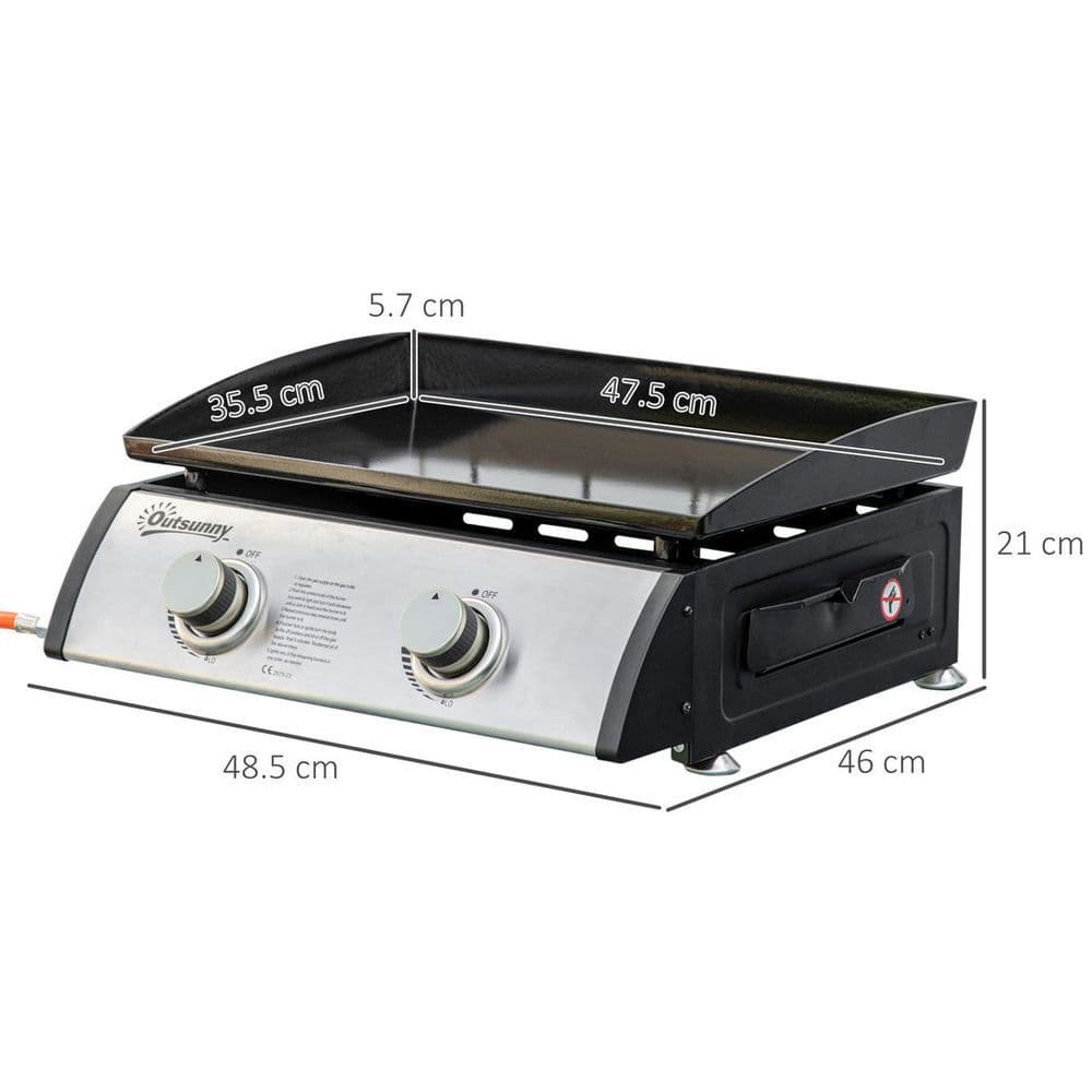 image-Outsunny Portable Gas Plancha BBQ Grill with 2 Stainless Steel Burner, 6kW
