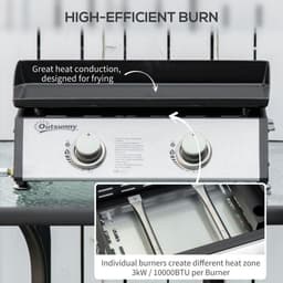 image-Outsunny Portable Gas Plancha BBQ Grill with 2 Stainless Steel Burner, 6kW