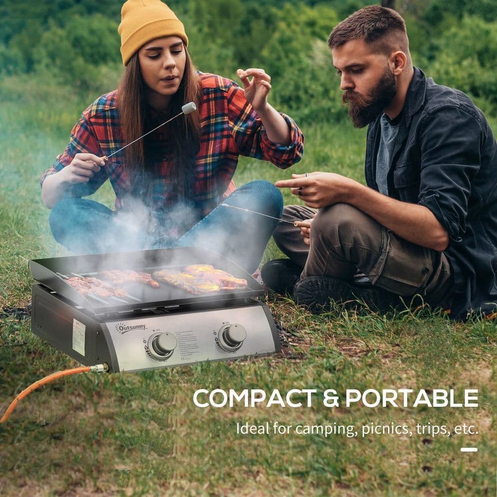 image-Outsunny Portable Gas Plancha BBQ Grill with 2 Stainless Steel Burner, 6kW