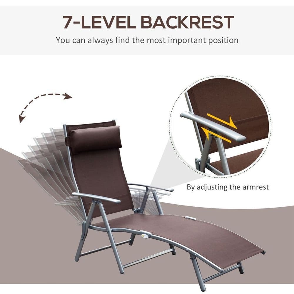 image-Outsunny Sun Lounger Recliner w/ Pillow Foldable 7 Levels Texteline Brown