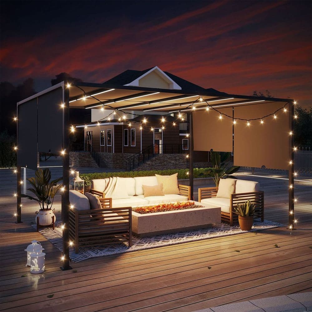 image-Outsunny 3m x 4m utdoor Garden Pergola with LED Lights Retractable Roof Grey