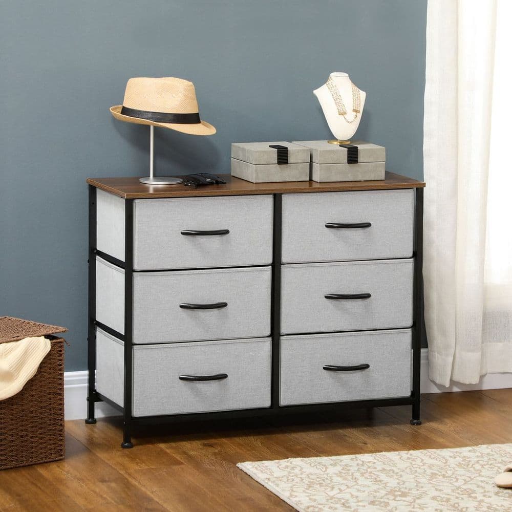image-HOMCOM 6 Drawer Fabric Chest of Drawers w/ Wooden Top for Closet Hallway Grey