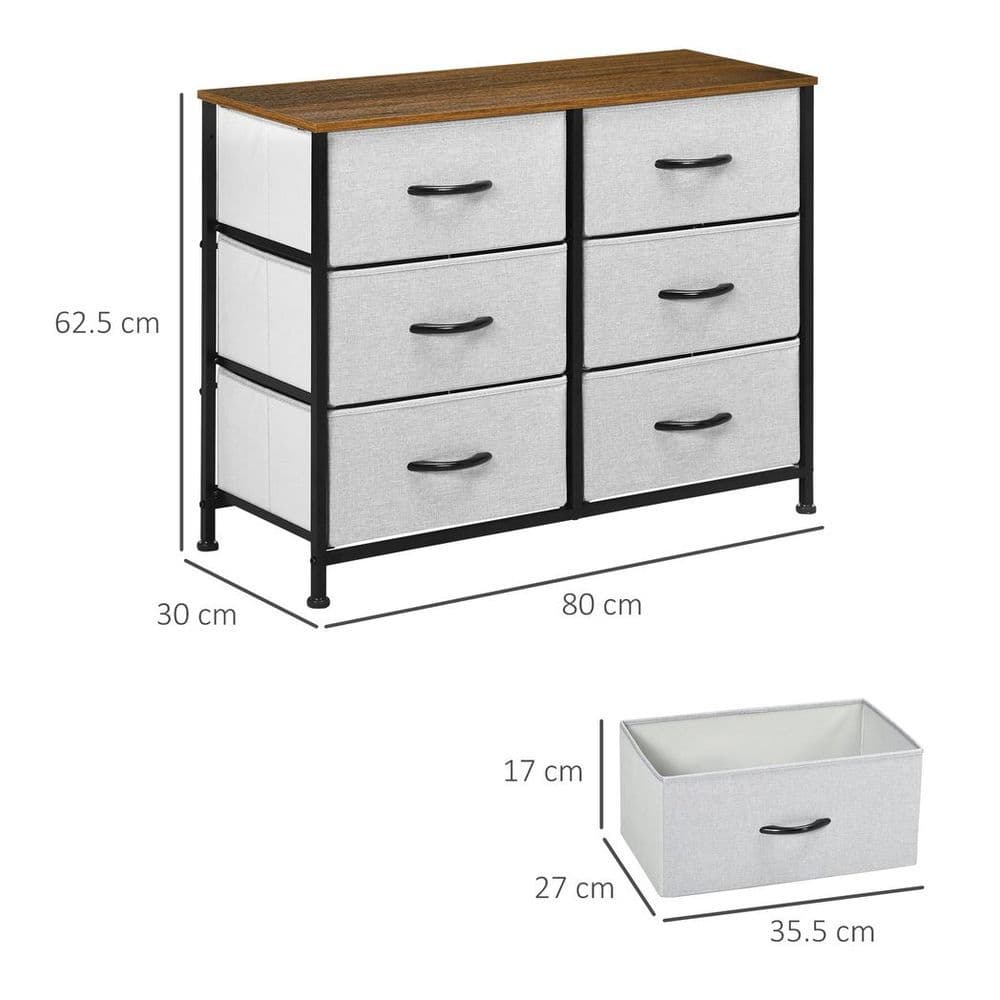 image-HOMCOM 6 Drawer Fabric Chest of Drawers w/ Wooden Top for Closet Hallway Grey